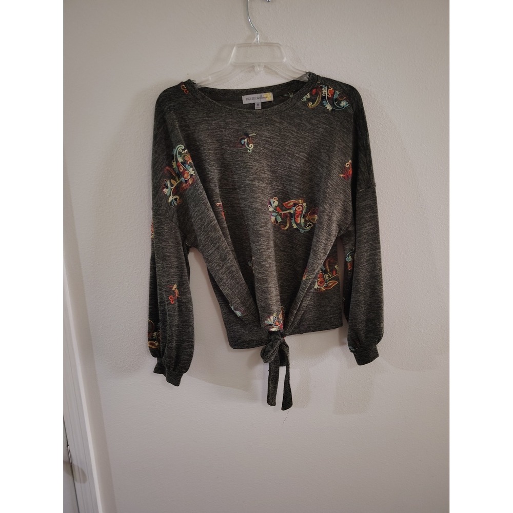 Figueroa &‎ Flower Womens Gray Embroidered Front Tie Knit Top Blouse Size M
